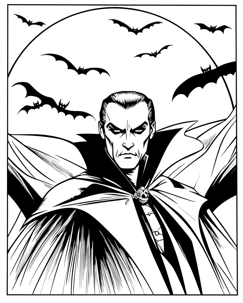 Hollywood movie Dracula with large bats and full moon.