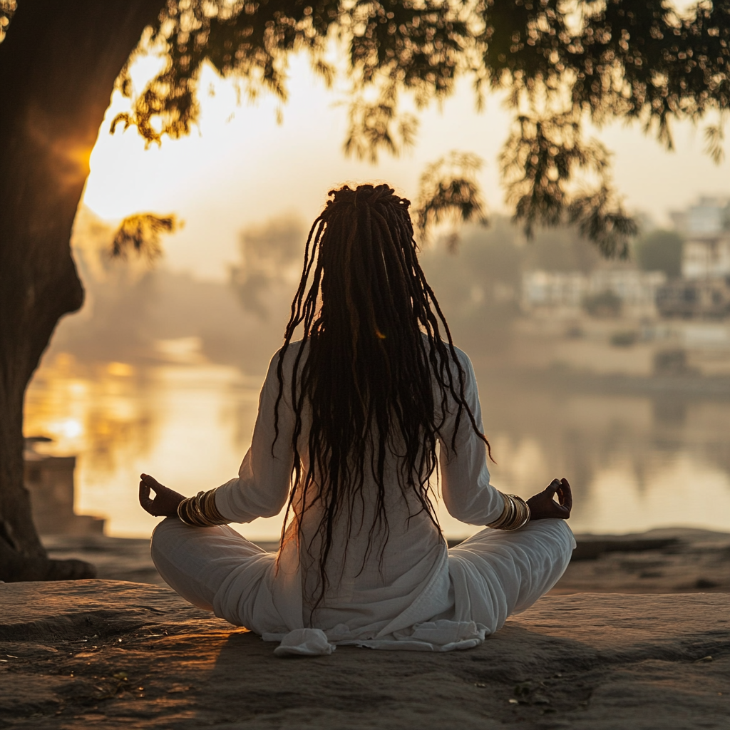 Holy woman with dreadlocks sits by river at sunset