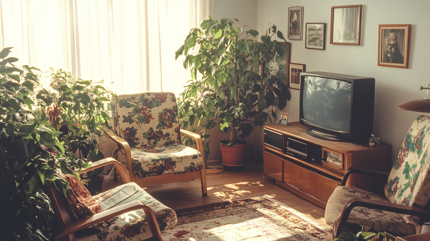 Home decor shown in 1980s magazine with modern furniture.