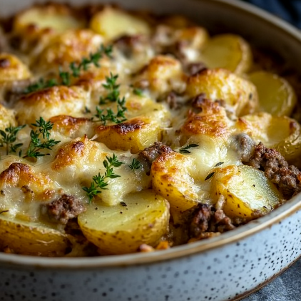 Homemade beef and potato casserole in rustic setting.