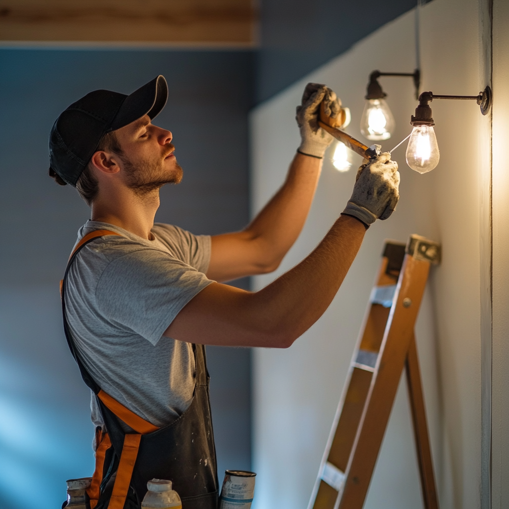 Homeowner multitasking, DIY project in barndominium, saving money.