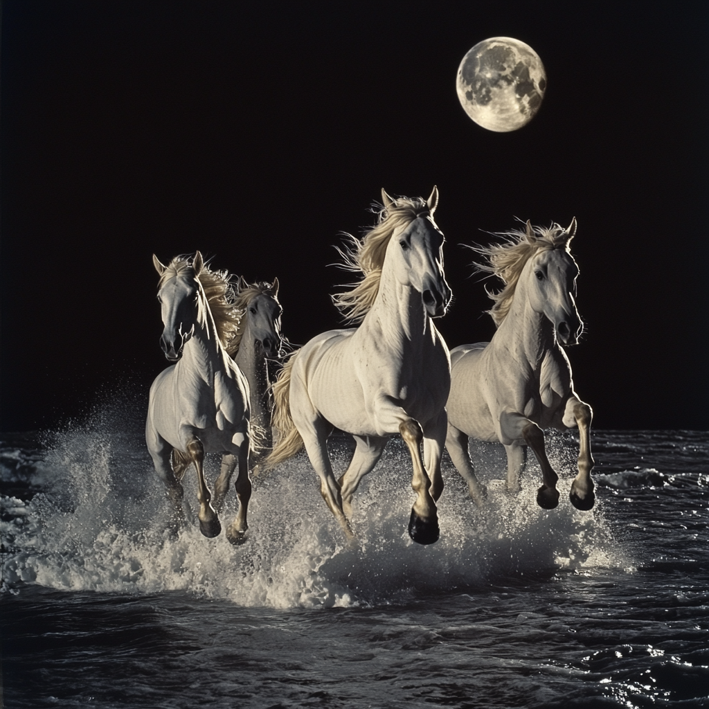 Horses running on moon, with atomic explosion in background