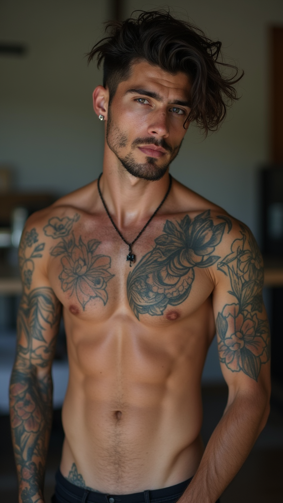 Hot Shirtless Tattooed Man with Nose Piercing
