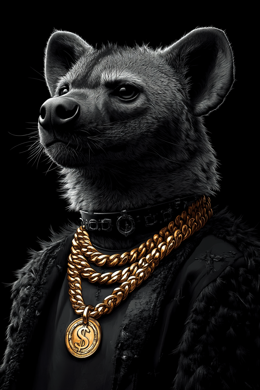 Hyena wearing gold chain in black background