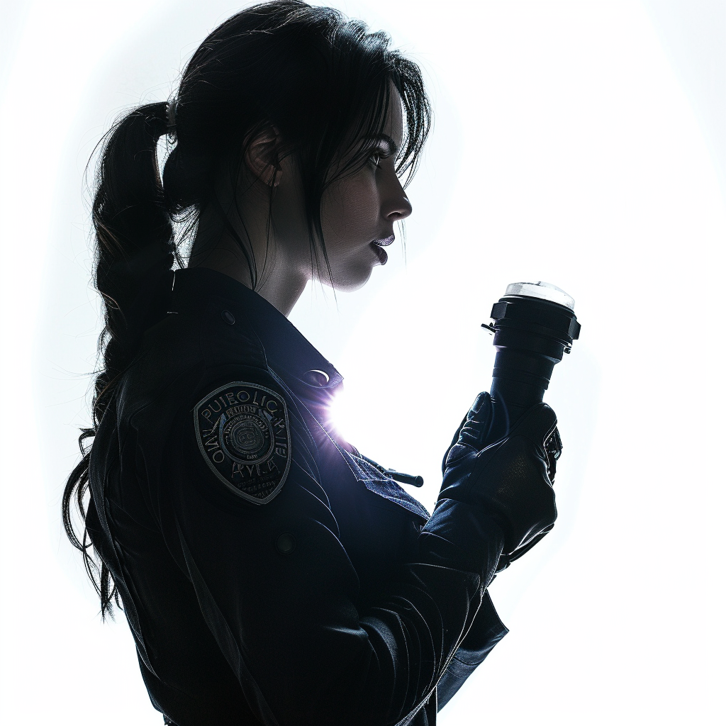 Hyperrealistic profile of female policewoman with flashlight