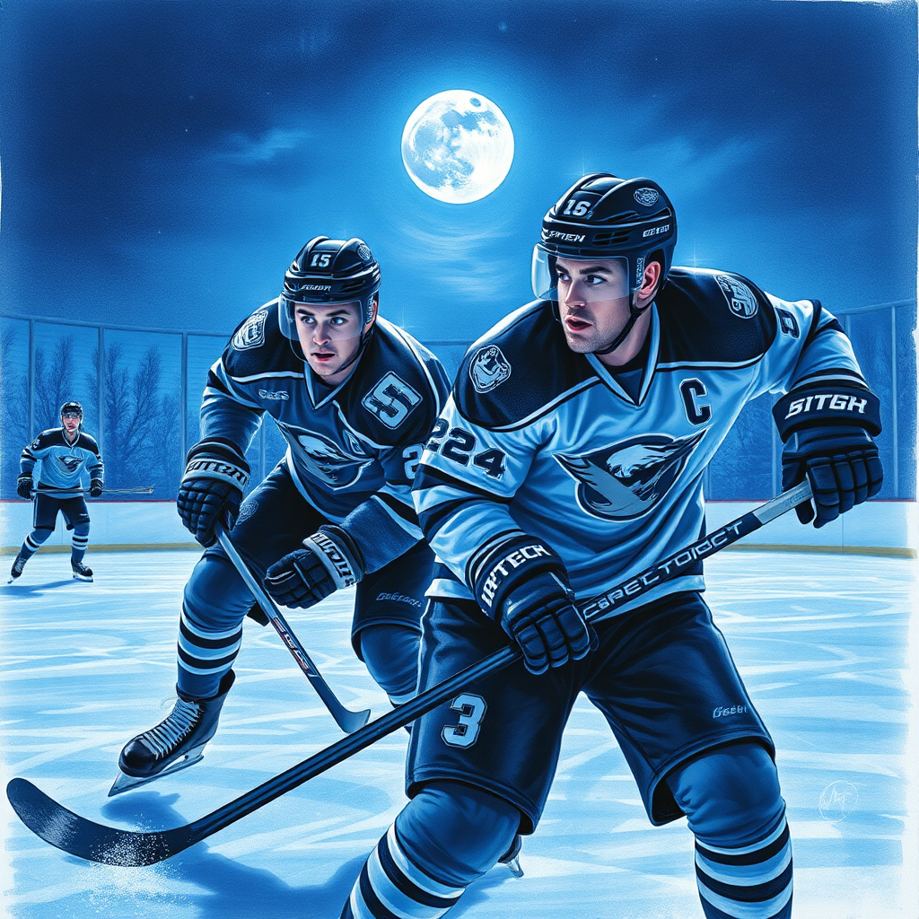 Ice Hockey Athletes in Moonlight and Neon