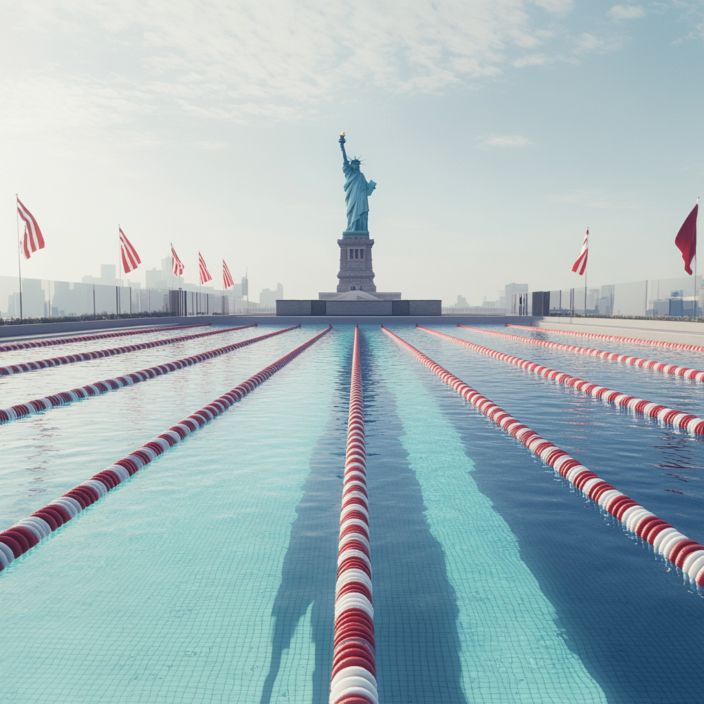 Iconic Olympic swimming pool at Statue of Liberty, Fujifilm style, 1:1 ratio