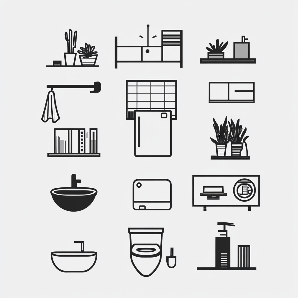 Icons for various rooms and spaces in black and white