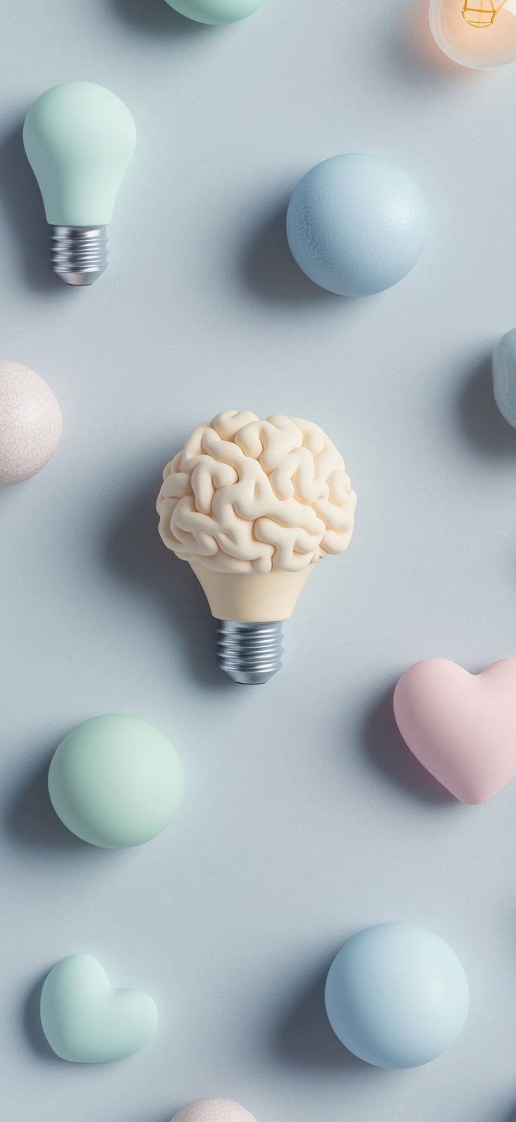 Icons of Brain, Heart, and Lightbulb on Gray Background