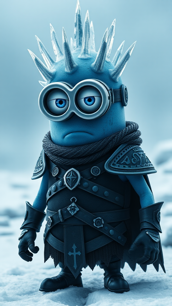 Icy blue Minion King in wintry landscape