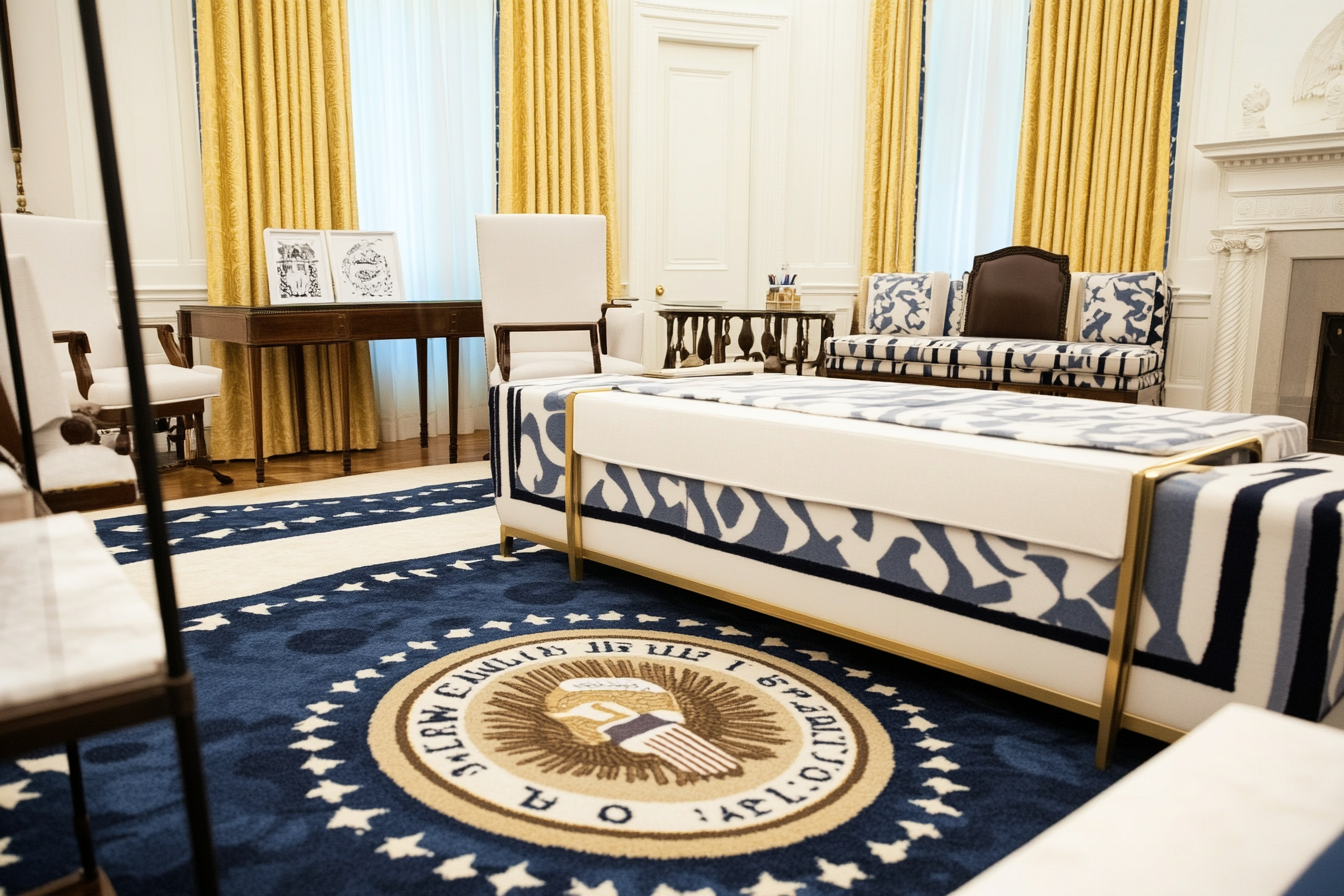 Ikea furniture in Oval Office with Presidential Seal carpet.