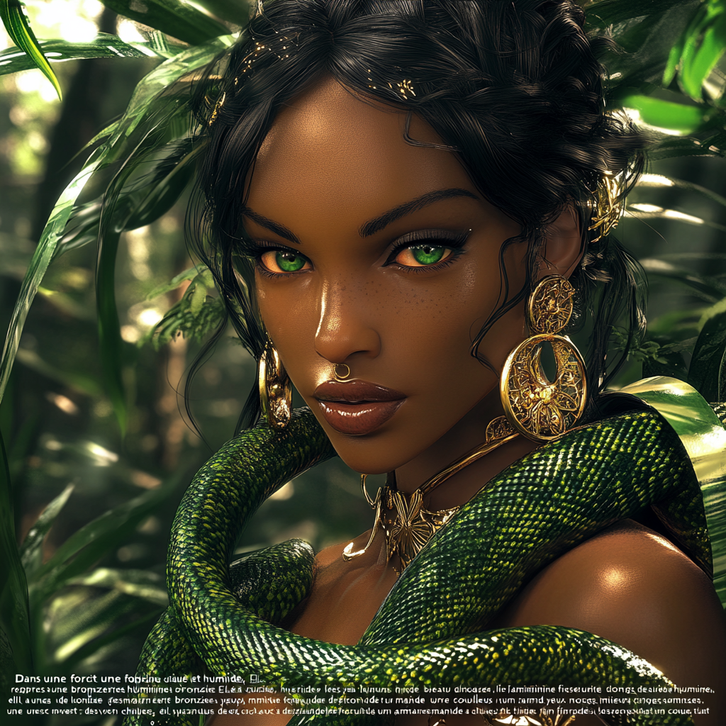 Illustration of a hybrid female serpent creature.