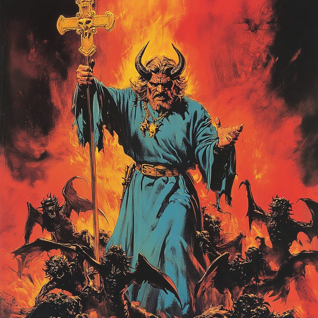 Illustration of devil in blue robes surrounded by demons