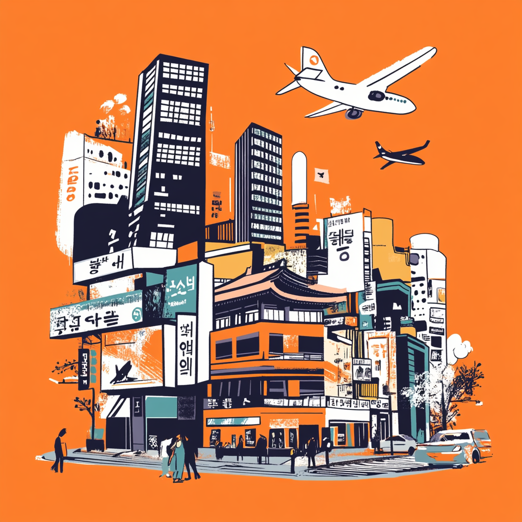 Illustration of large orange T-shirt with Korean design