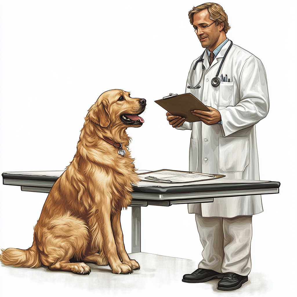 Illustration: Dog on table, vet with clipboard, white background.