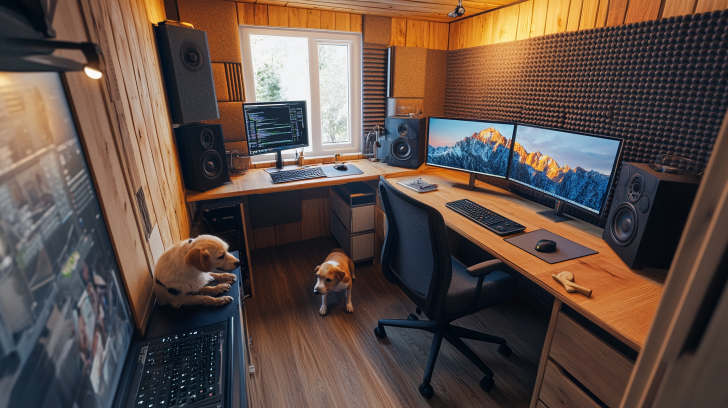 Imac studio, PC, MacBook Pro in soundproof room setting.