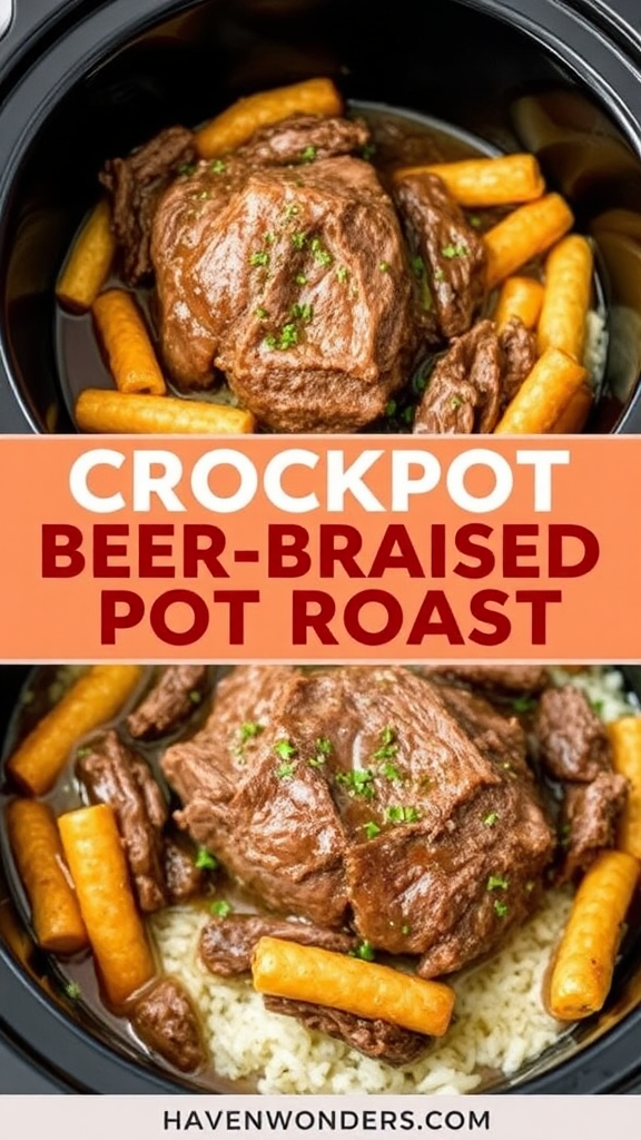 Image of pot roast dish with beer and collage.