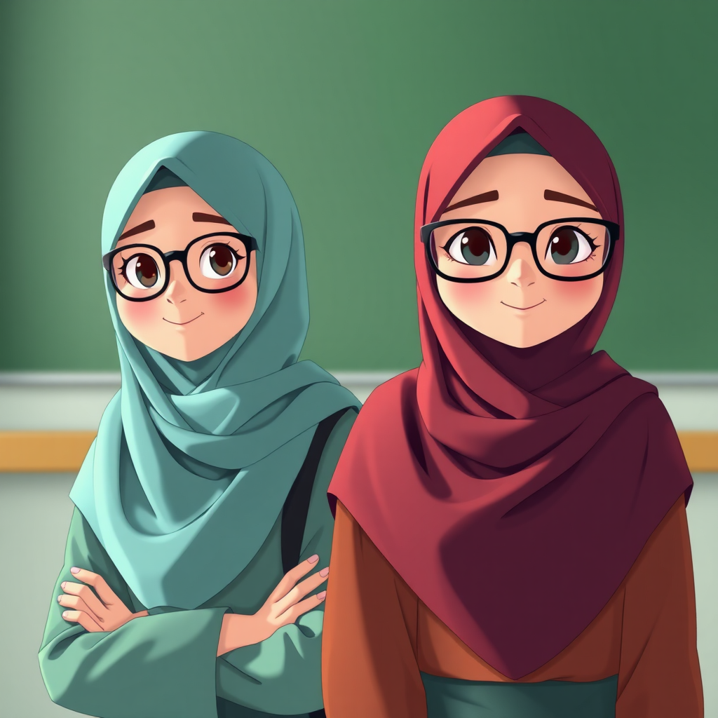 Image: A teacher and 27 students in hijabs, one twin.