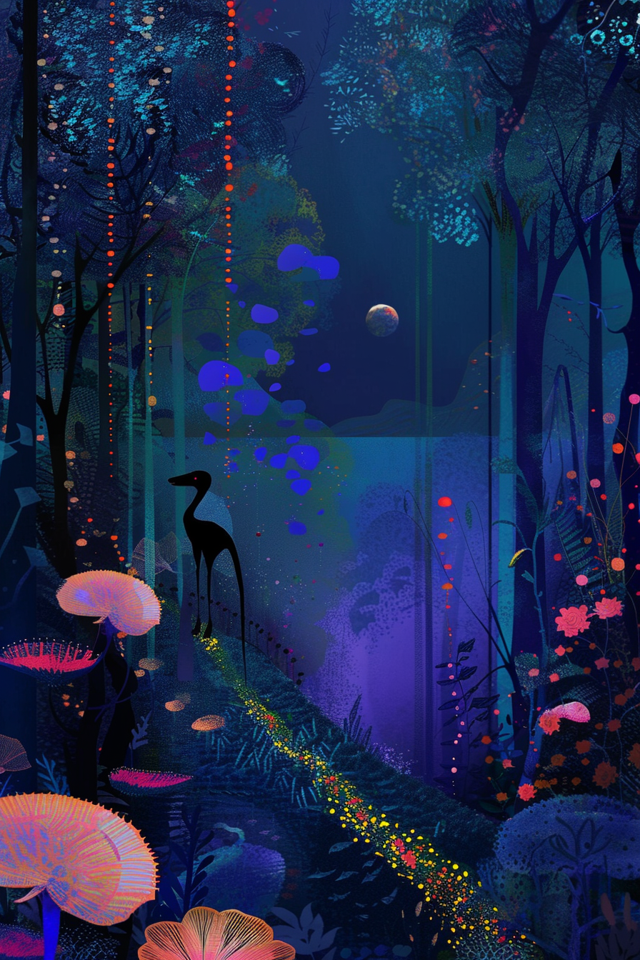 Imagining blue and purple creatures in primordial forest.