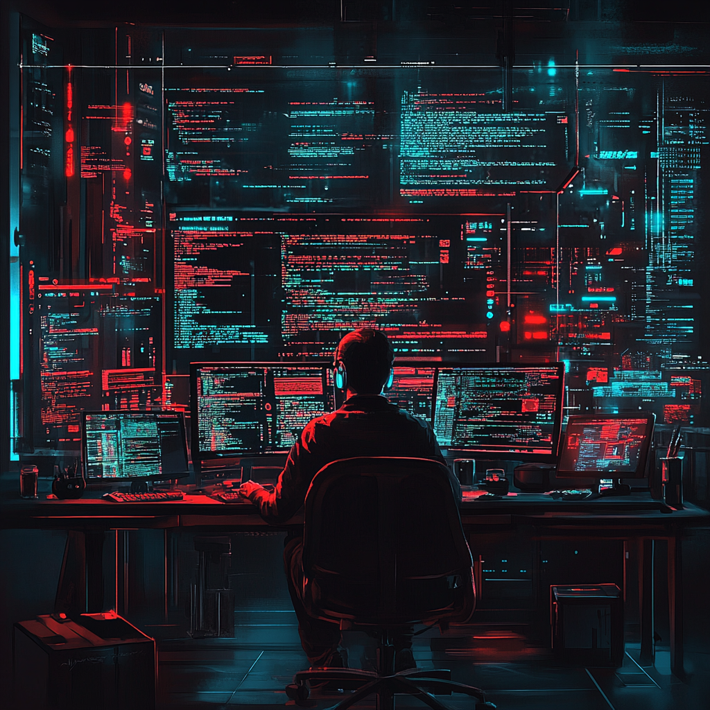 In A Futuristic Workspace, Programmer Surrounded by Holographic Screens