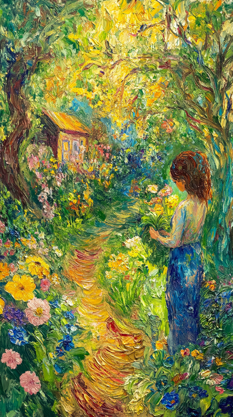 In a lush garden, a woman plants flowers.