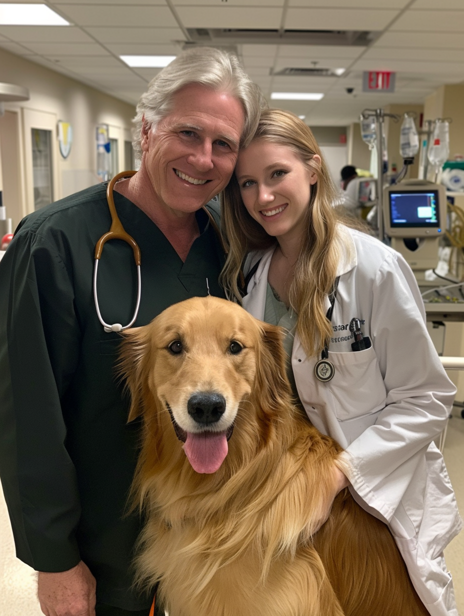 In the hospital, Dad, girl, golden retriever smiling.