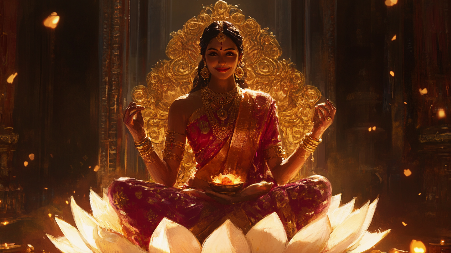 Indian Goddess Mahalaxhmi Mata Sitting on Golden Throne