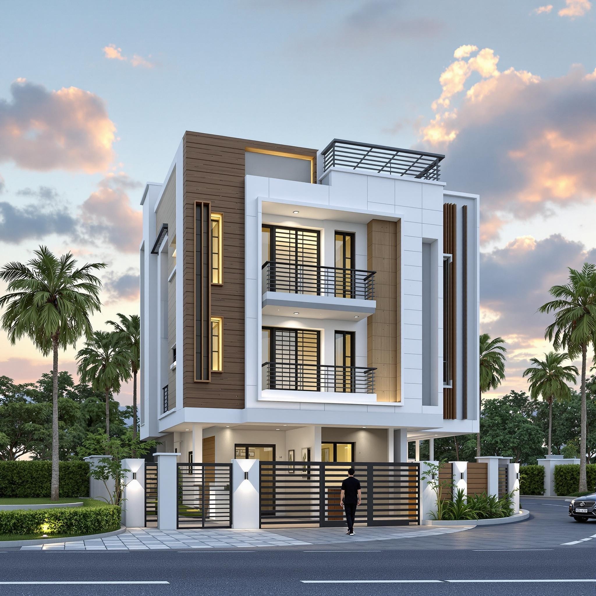 Indian Modern Afternoon: Human, Car, and Coconut Trees