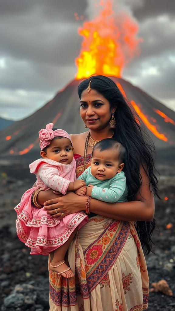 Indian Mom Holds Twins in Volcano Center
