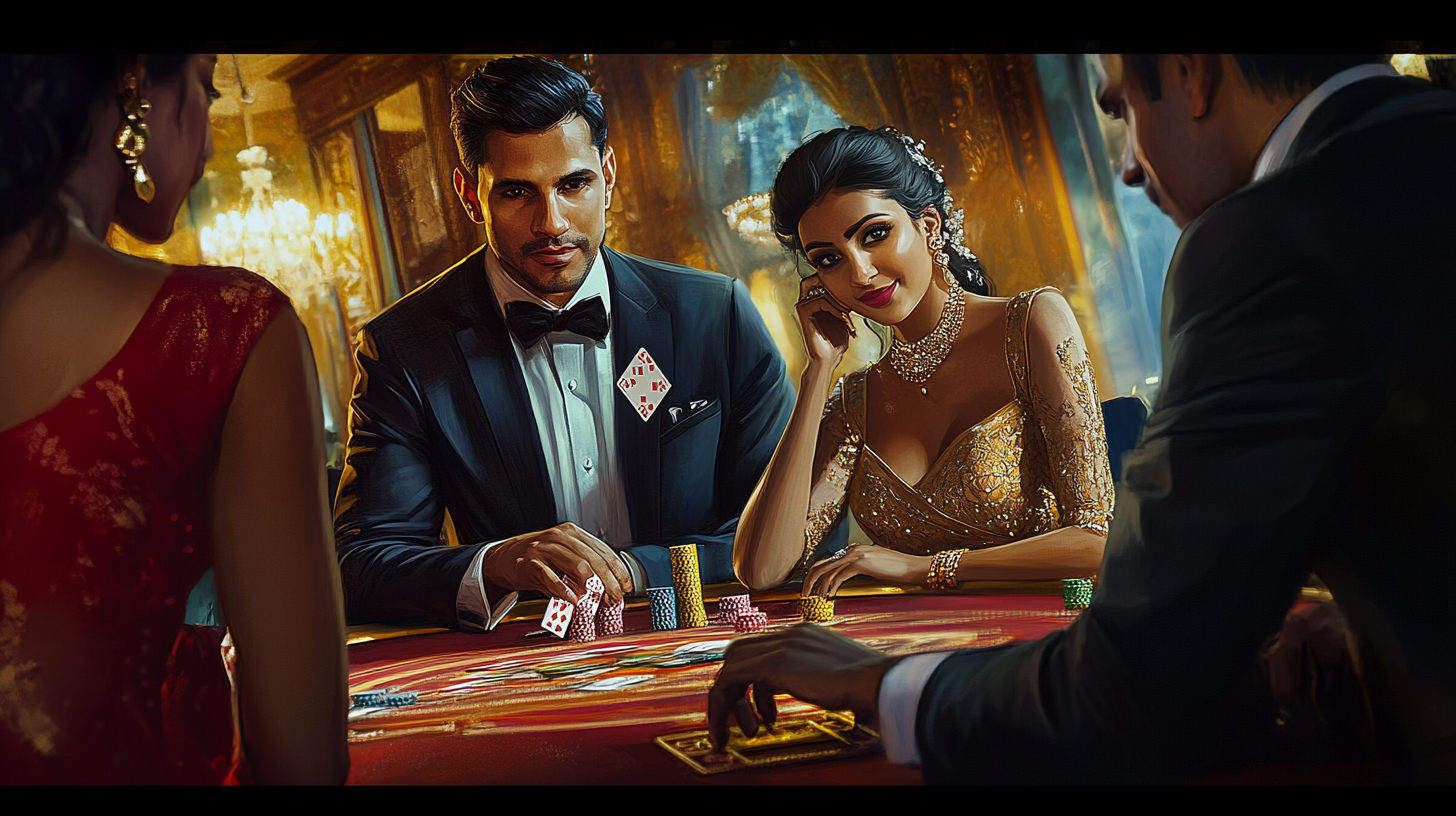 Indian couple plays cards in elegant party night