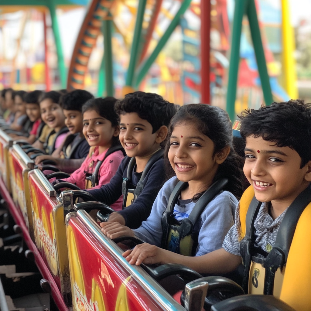 Indian kids enjoy roller coaster ride with empty seat.