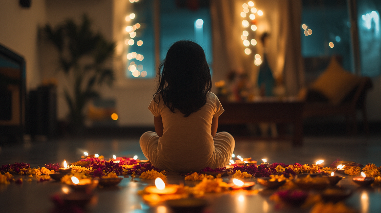 Indian siblings celebrate Diwali in beautifully decorated living room