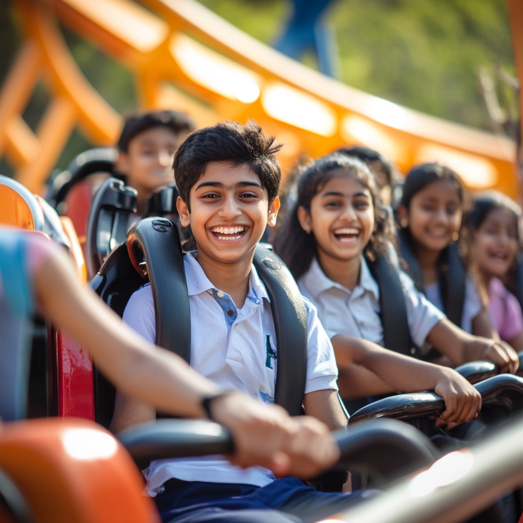 Indian students enjoy roller coaster ride with empty seat.