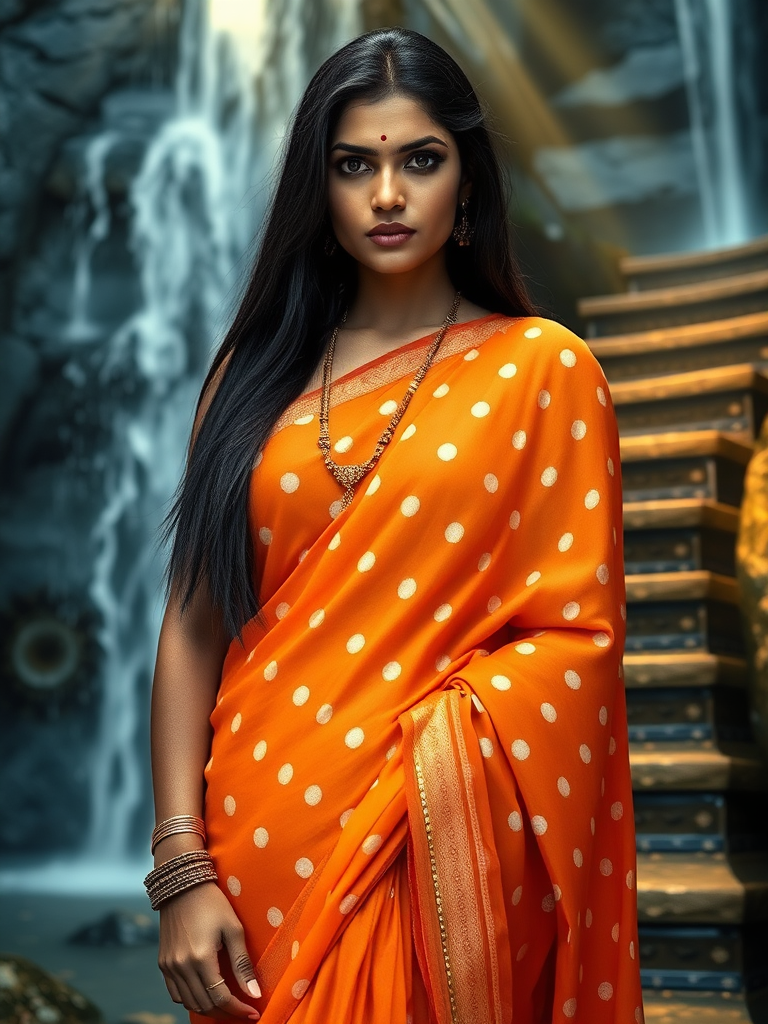 Indian woman in orange Saree by waterfall.