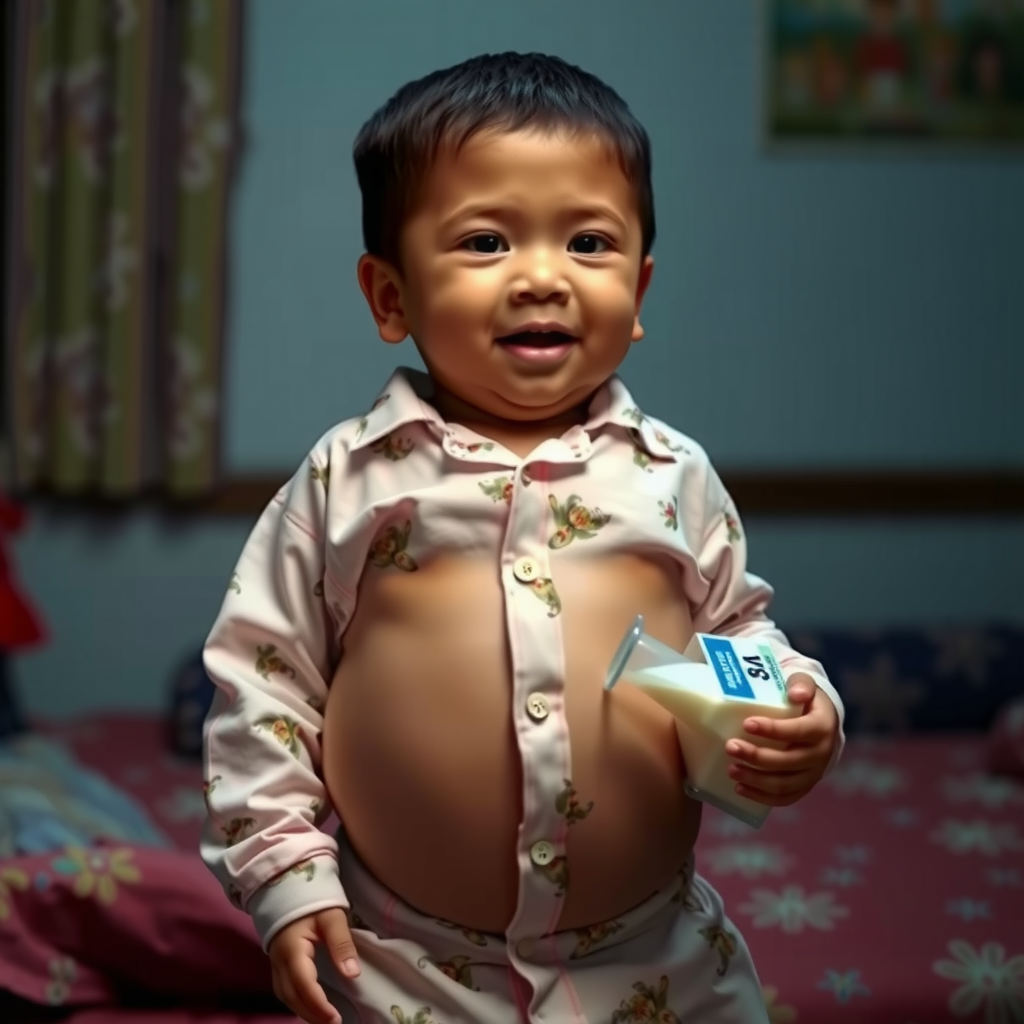Indonesian Boy's Belly Expands Drinking Weight Gain Milk