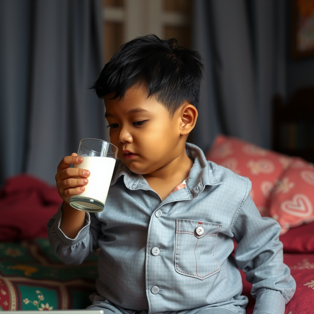 Indonesian Boy Drinking Weight Gain Milk at Night