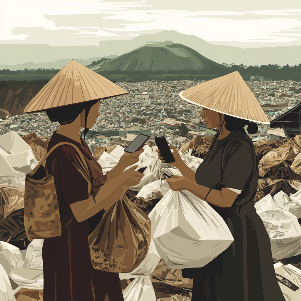 Indonesian women in hats holding bags near landfill.