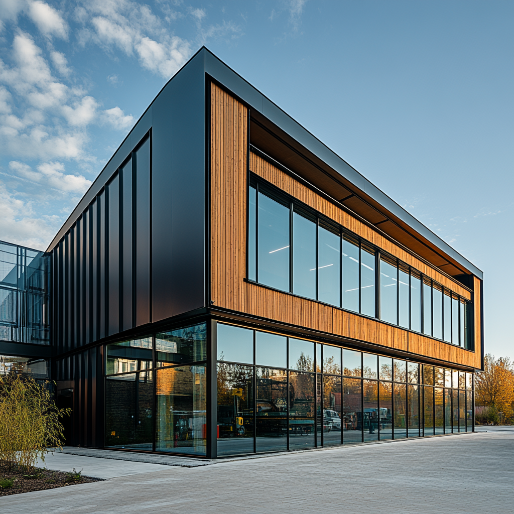 Industrial Office with Glass, Wood, and Aluminium Facade 