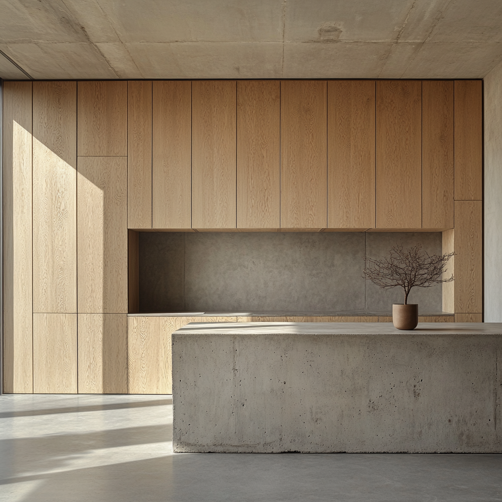 Industrial Style Foyer with Concrete Kitchen Design