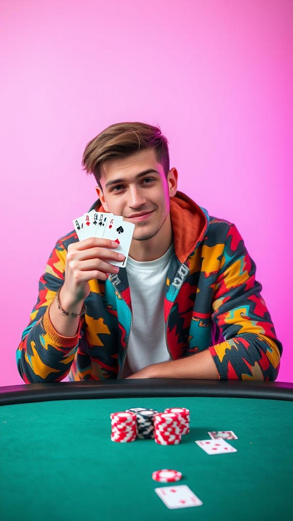 Innocent young man plays poker in trendy outfit.