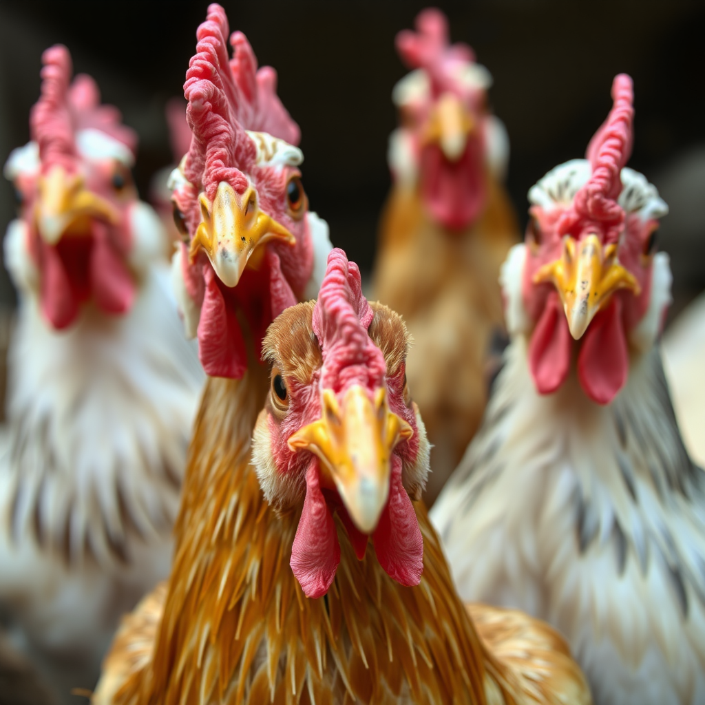 Inquisitive chickens captured in detailed, realistic photo.