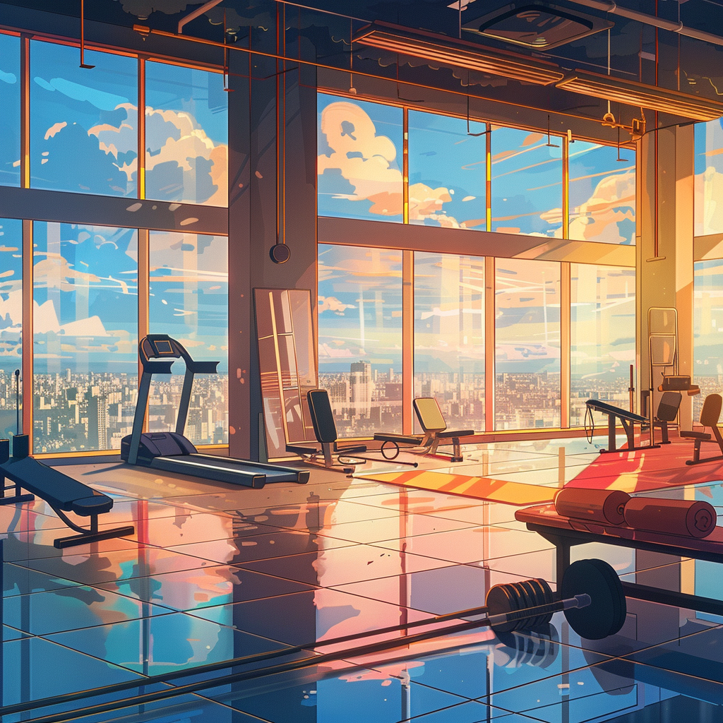 Inside a gym overlooking the city