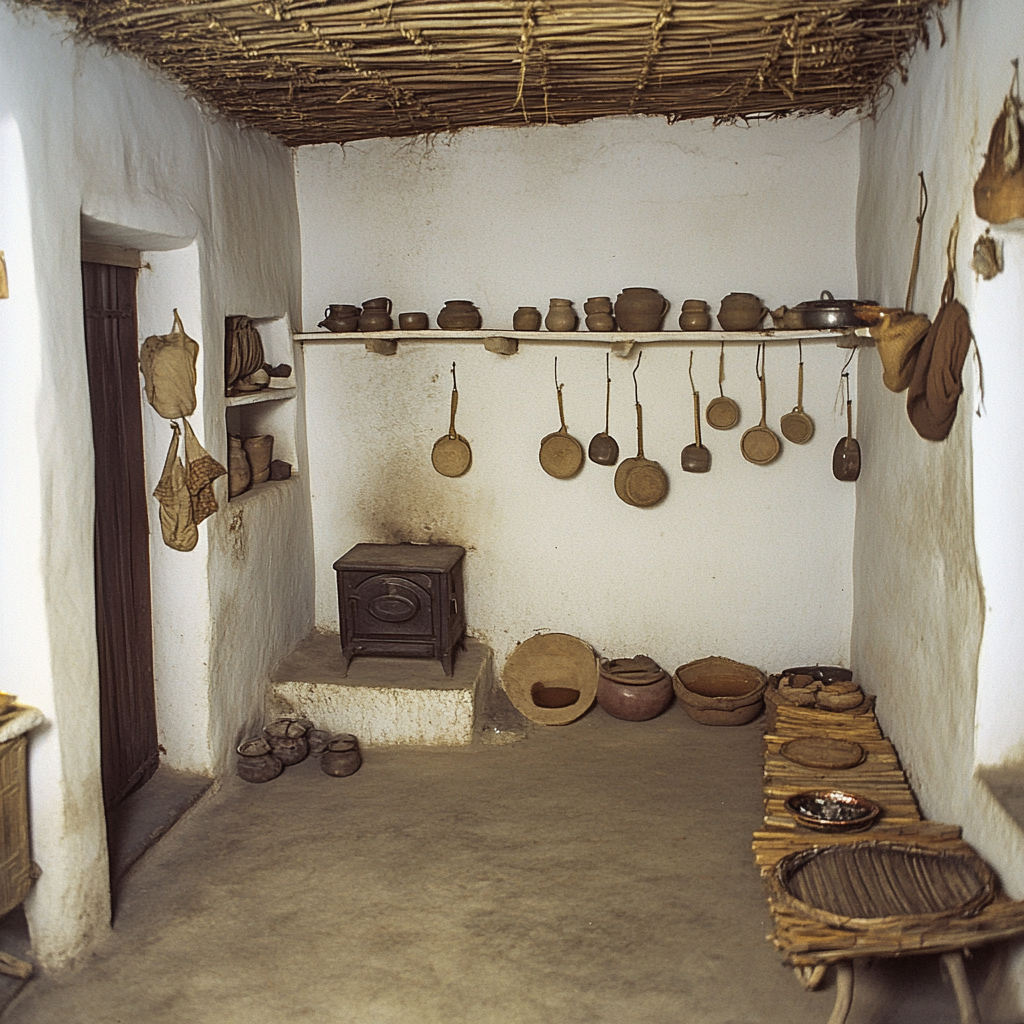 Inside a small Indian village hut, cramped space