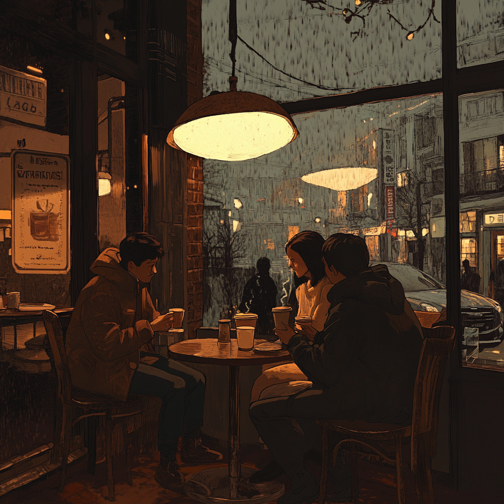 Inside the charming coffee shop on a rainy day