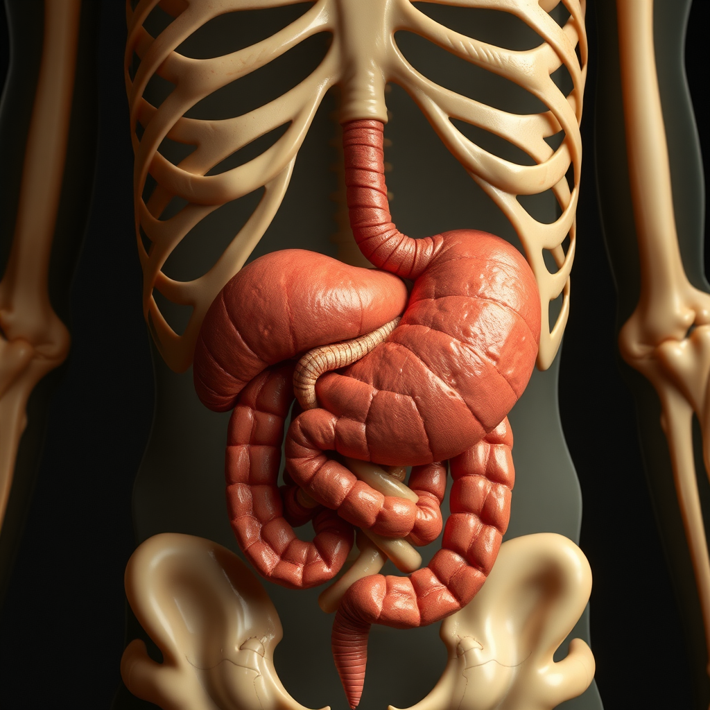 Inside the human body: stomach, liver, duodenum.