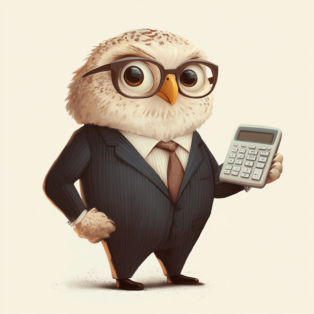 Intelligent owl in suit with calculator, symbolizing expertise.