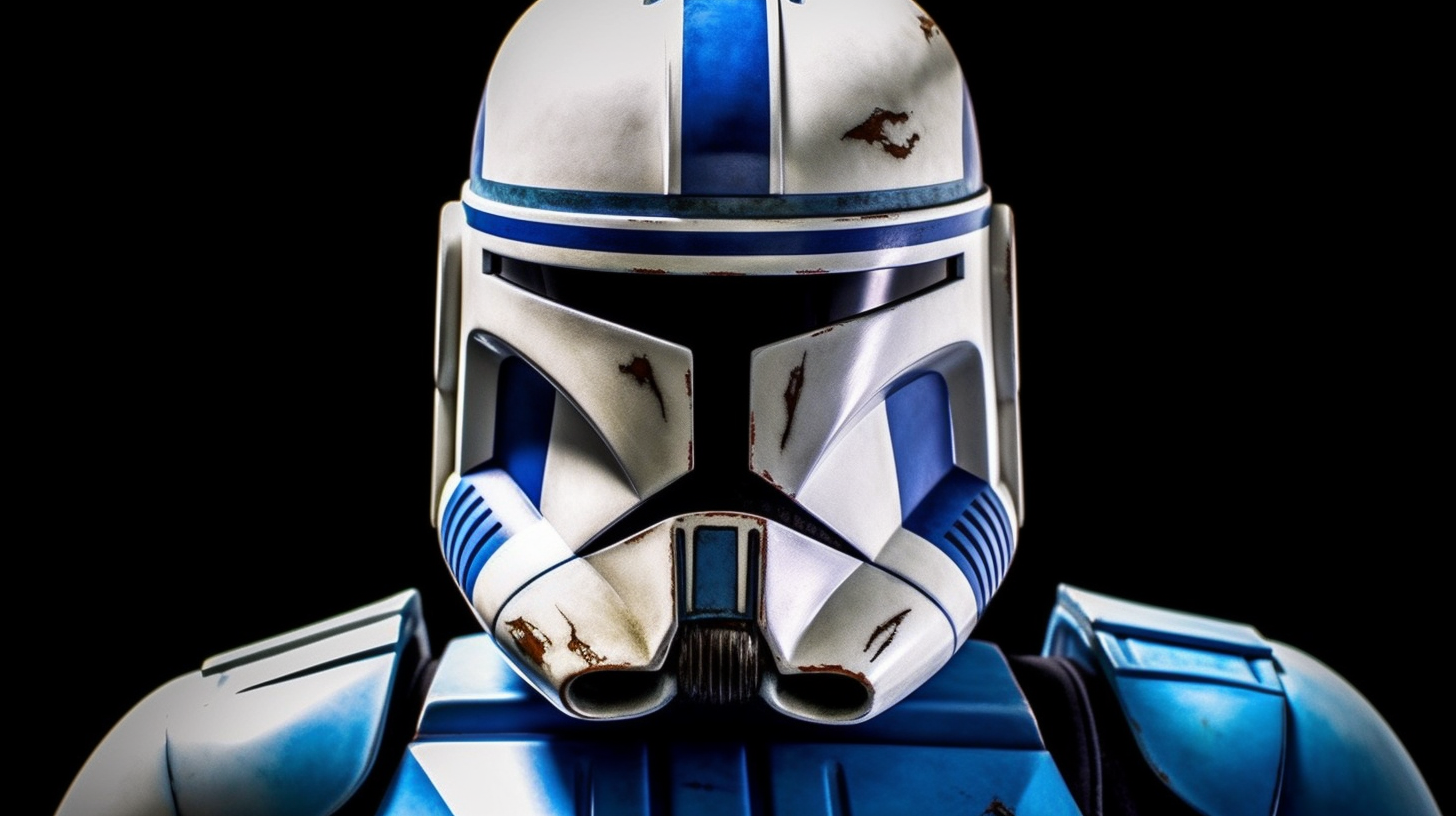 Intense Clone Trooper commands battlefield, fierce and detailed