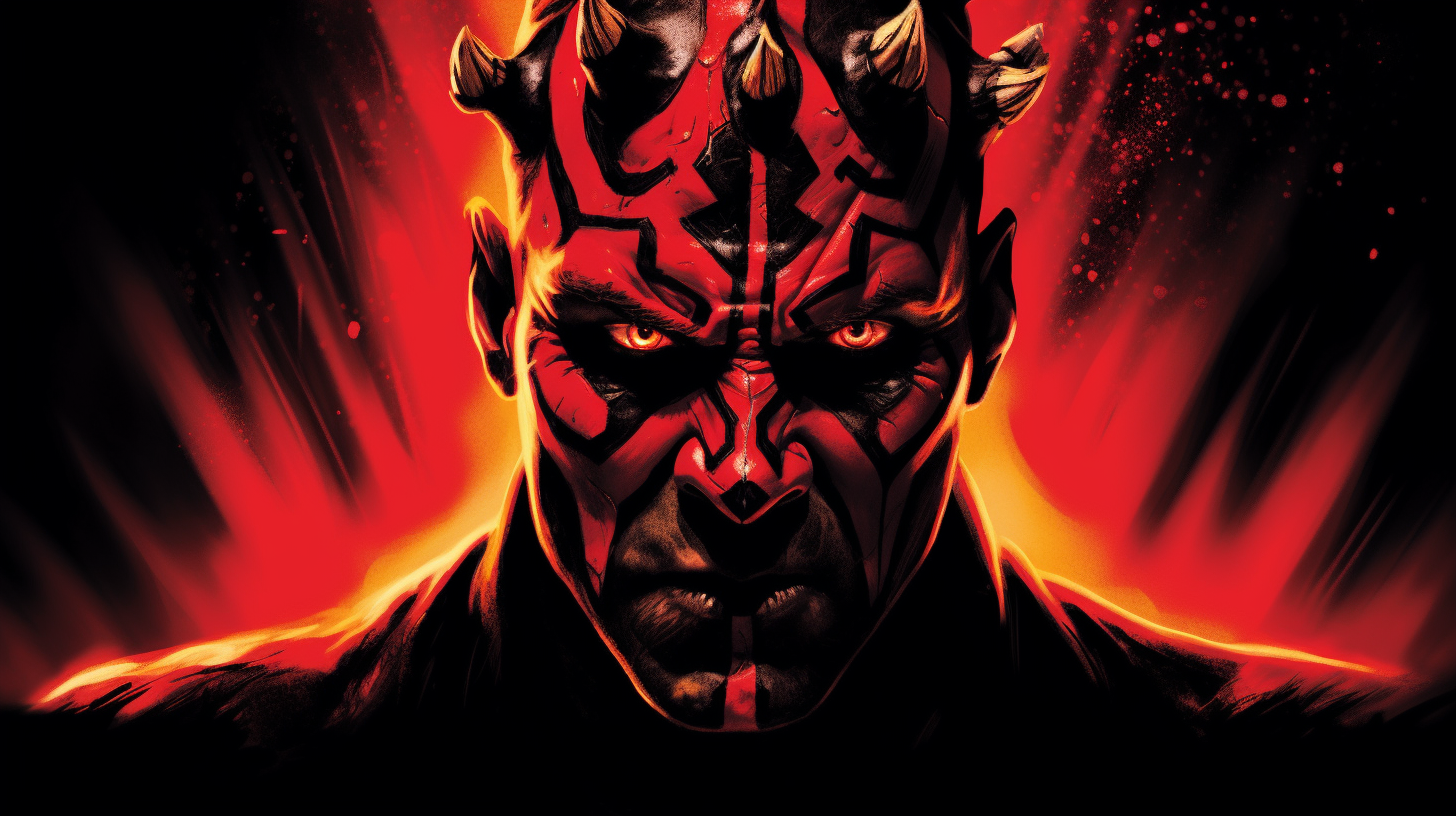 Intense Darth Maul portrait with double red lightsaber