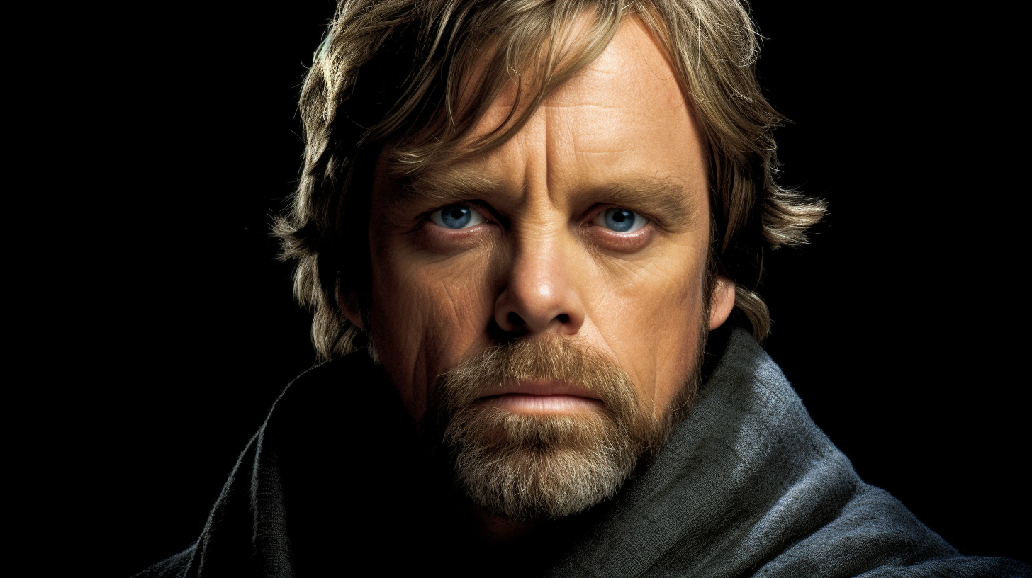 Intense Luke Skywalker portrait in war-torn city.