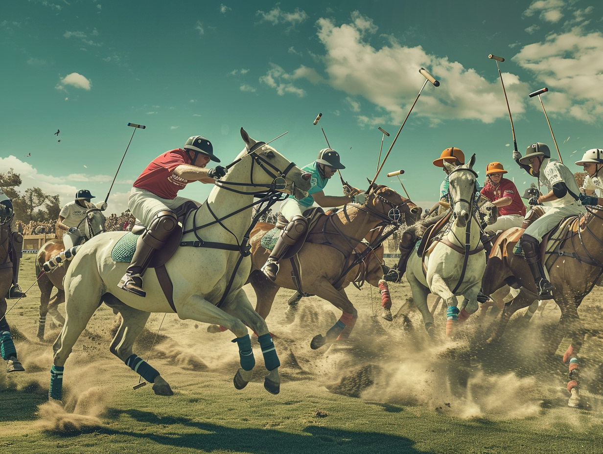 Intense men's polo game: vibrant, elegant, traditional energy.